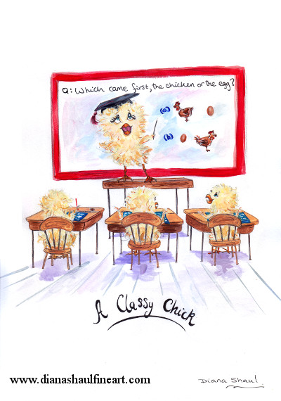 A cartoon chick teaches a philosophy class. Original cartoon with caption 'A Classy Chick'.'