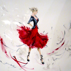 In this original painting, a beautiful fashionista rocks a gorgeous outfit in red and black.