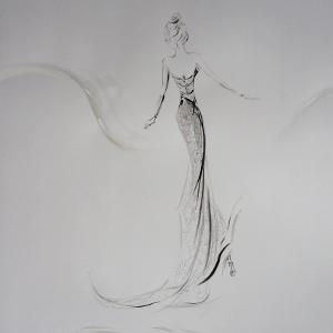 Monochrome painting of a confident woman in an evening gown.