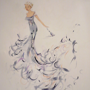 Painting of a woman in a grey semi-abstract gown leaving a party.