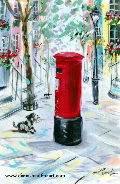A dog looks up hopefully at a red postbox, an envelope in his mouth. Original painting.