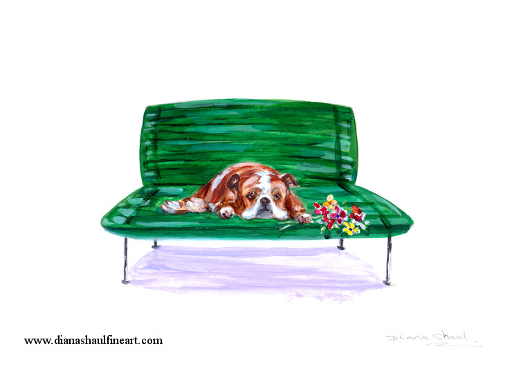 Original painting of a British bulldog lying on a bench, a posy of flowers in his paw.