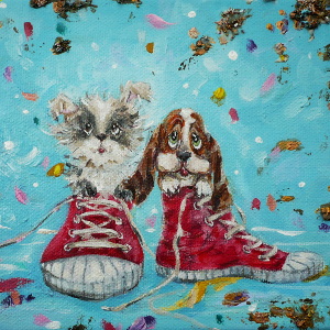 Two puppies (one of which is a basset) are pictured inside a pair of high-top red sneakers in this original painting.