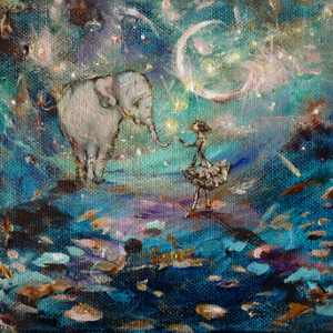 In a midnight-blue dreamscape, an elephant reaches out his trunk towards the hand of a young woman. Original painting.
