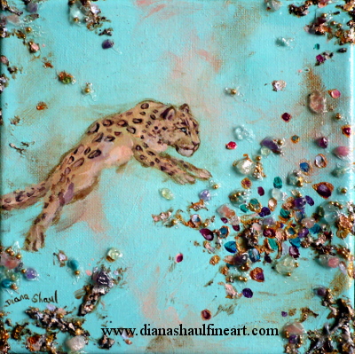 An original semi-abstract painting in acrylic and mixed media of a leopard pouncing.