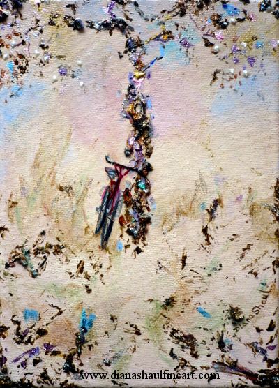 Original painting of a red bicycle leaning against a blossom tree.