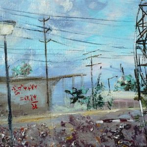Original painting of an industrial view featuring Schrodinger's equation as graffiti.