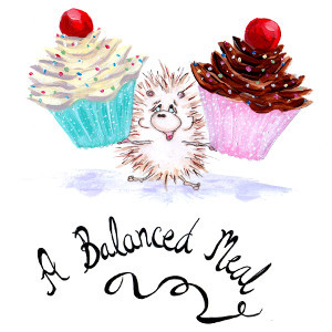 A Balanced Meal – original cartoon (hedgehog with cupcakes) in acrylic, ink, watercolour and graphite pencil.