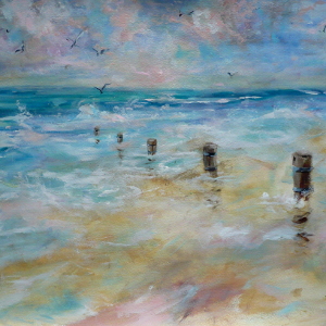 The Beach at Dawn – original painting of the water's edge in watercolour and acrylic.