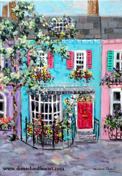 Painting of a blue-painted town house with a cherry-red door and shutters, a bay window and flower-filled window boxes.