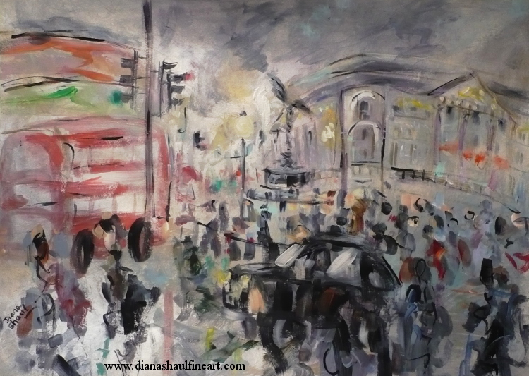 A memory of London's Piccadilly Circus, painted in acrylic.