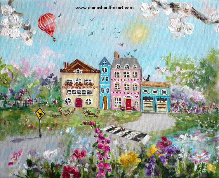 Original painting of a quirky and idiosyncratic house and garden, with lots of little animals. A hot-air balloon is overhead.