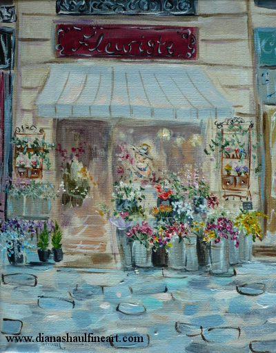 Painting of a flower shop with buckets of flowers outside.