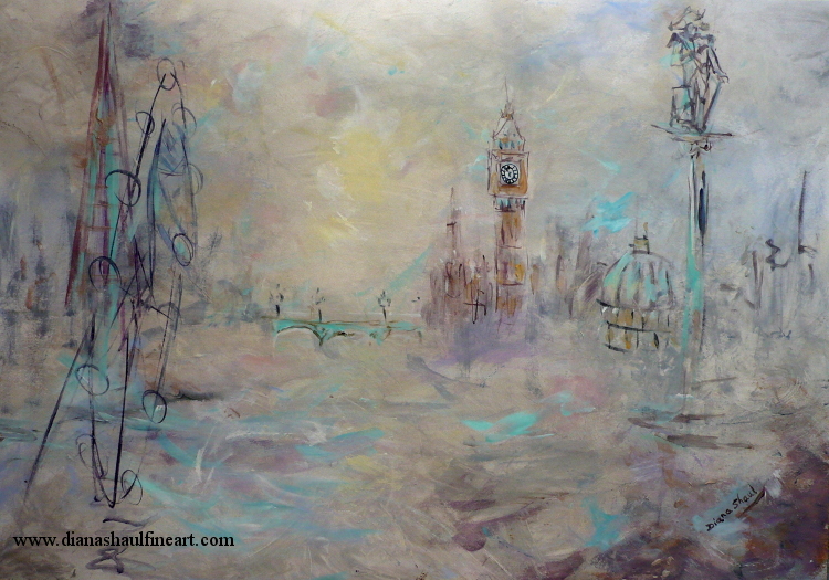 An acrylic painting of London under cloudy skies, in gentle tones.
