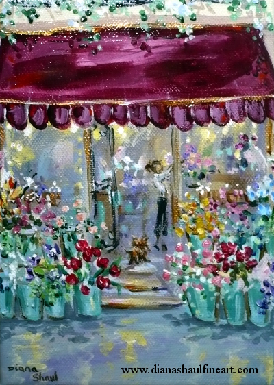 A little dog looks up hopefully at the florist, hoping it's time for lunch. Original painting.