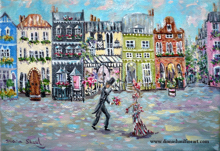 On a street lined with town houses, an Edwardian gentleman doffs his hat and offers a posy to his sweetie. Original painting.