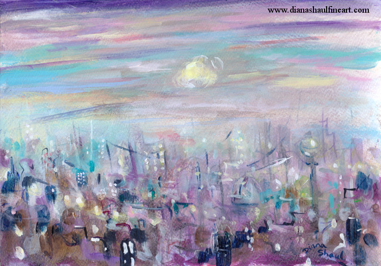 Original painting of a city at sundown, dominated by peaceful shades of purple and blue.