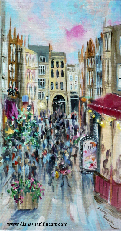 A young woman carrying shopping bags joins the crowd on a busy pedestrianised London street in this original painting.