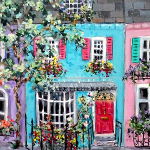 Painting of a blue-painted town house with a cherry-red door and shutters, a bay window and flower-filled window boxes.