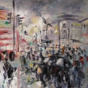 A memory of London's Piccadilly Circus, painted in acrylic.