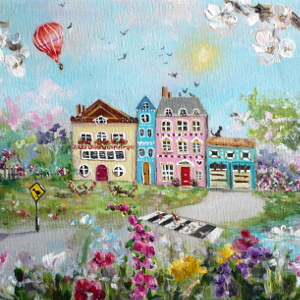 Original painting of a quirky and idiosyncratic house and garden, with lots of little animals. A hot-air balloon is overhead.