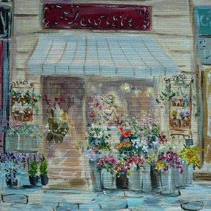 Painting of a flower shop with buckets of flowers outside.