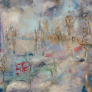 Dreamy semi-abstract painting of the London skyline, in metallic tones.