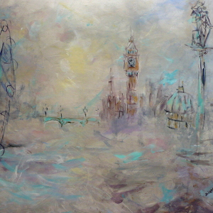 An acrylic painting of London under cloudy skies, in gentle tones.