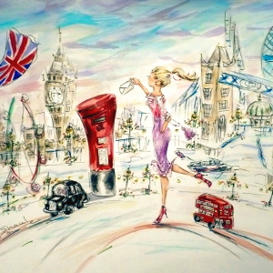 Quirky painting featuring London landmarks and a girl posting a letter in a red letter box.