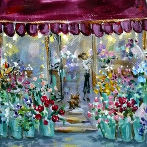 A little dog looks up hopefully at the florist, hoping it's time for lunch. Original painting.