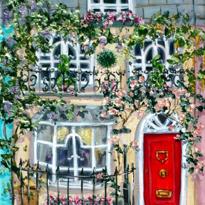 Original painting of a charming mid-terrace cottage, featuring climbing roses.