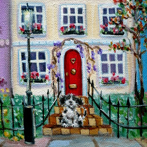 A cute little dog sits on the front steps of a pretty mid-terrace town house in this original painting.