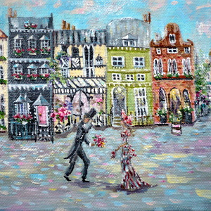 On a street lined with town houses, an Edwardian gentleman doffs his hat and offers a posy to his sweetie. Original painting.