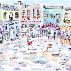A fun original painting of a young woman and her dog going shopping.