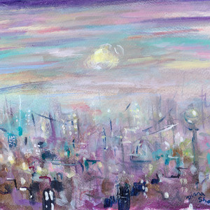 Original painting of a city at sundown, dominated by peaceful shades of purple and blue.