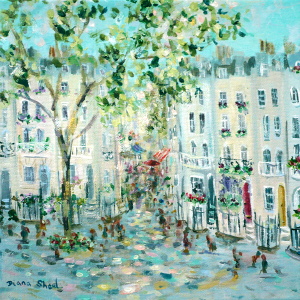 People go about their business on the cobblestone piazza surrounded by pastel-coloured town houses in this original painting.
