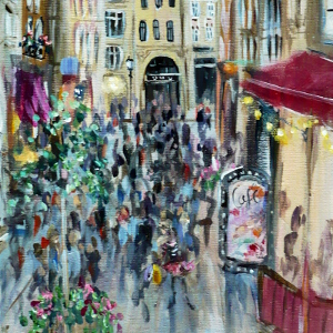 A young woman carrying shopping bags joins the crowd on a busy pedestrianised London street in this original painting.