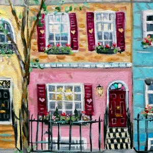 Original painting of a mid-terrace four-storey town house with flowers in the window boxes.