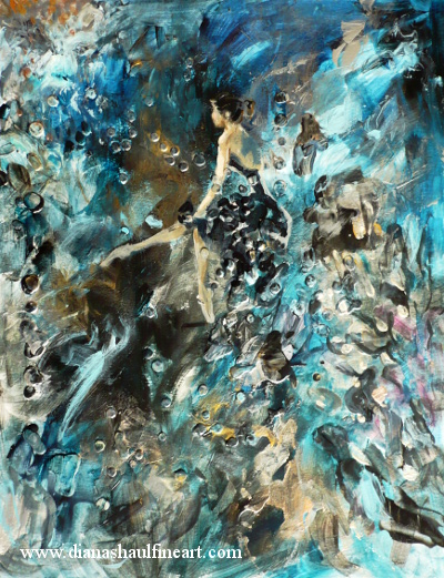 Painting of a ballerina seated, against an abstract background in shades of teal, black and gold.