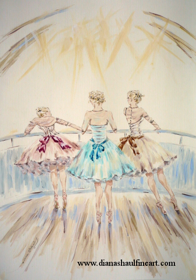 Three ballerinas wearing tutus and pointe shoes look at their stage from the audience's perspective. Original painting.