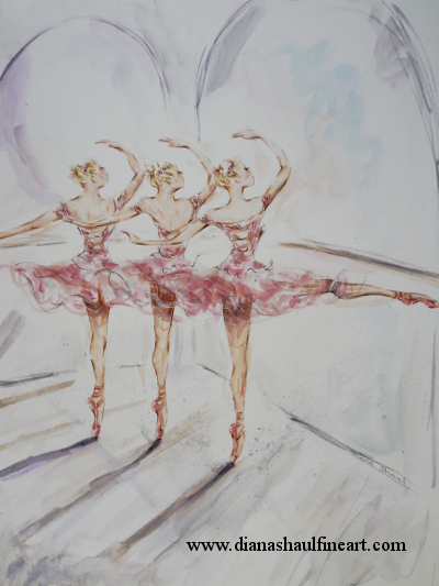 Original painting depicting three ballerinas in pink tutus at the barre.