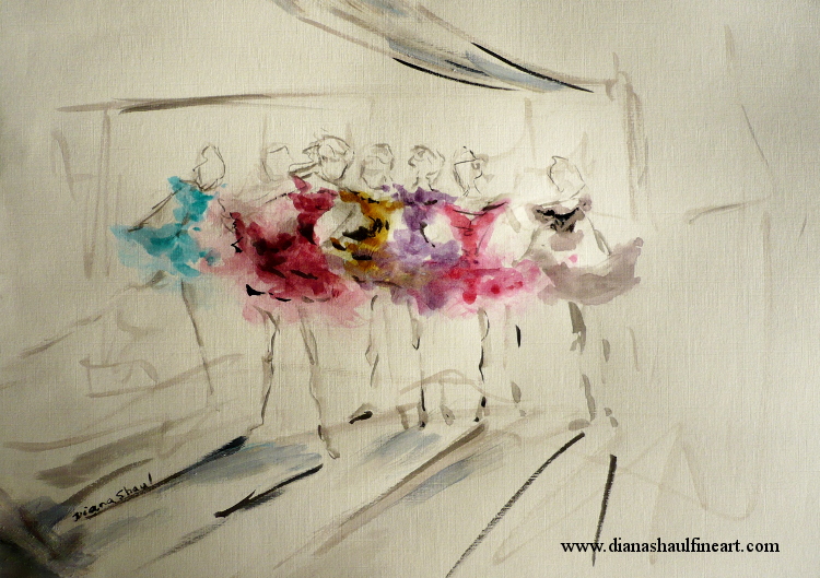 Original painting of a line of ballerinas, each dancer in a jewel-coloured tutu.