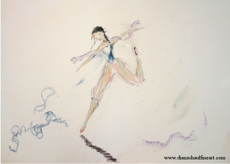 A study in pastel and pencil of a ballerina caught in motion, unawares.