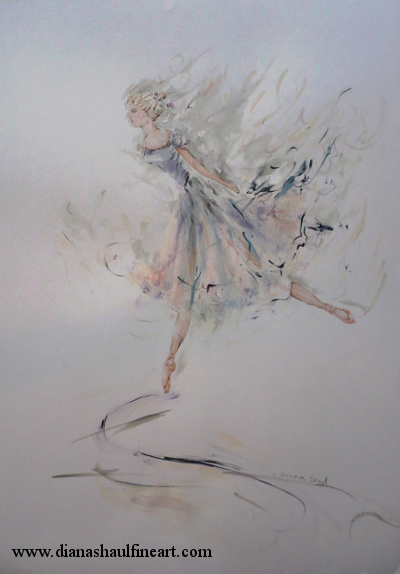 Soft-toned painting of a determined ballerina in profile, balanced en pointe.