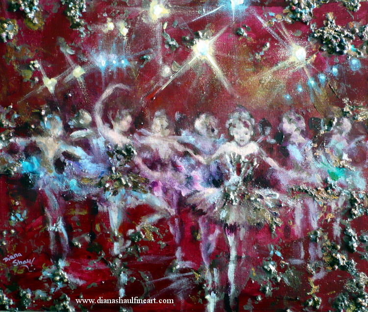 Ballerinas in tutus under spotlights, against a maroon background. Original painting in acrylic and mixed media.