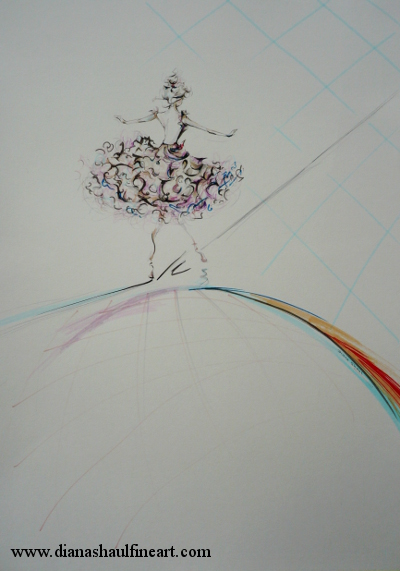 Drawing of a young woman standing at the edge of a stage.