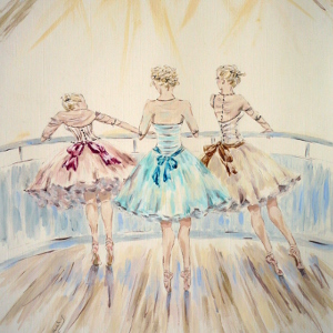 Three ballerinas wearing tutus and pointe shoes look at their stage from the audience's perspective. Original painting.