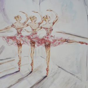 Original painting depicting three ballerinas in pink tutus at the barre.