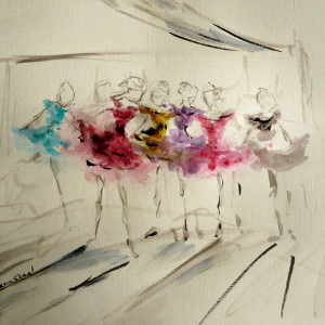 Original painting of a line of ballerinas, each dancer in a jewel-coloured tutu.
