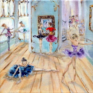 Some ballerinas stretch while others check a noticeboard in a busy practice room. Original painting.